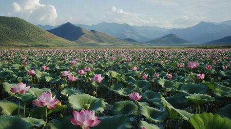 A breathtaking view of a vast lotus field adorned with pink flowers, set against a backdrop of green mountains and a bright sky, evoking peace.の素材