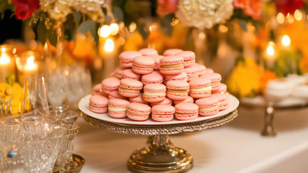 This image showcases a beautifully arranged platter of pink macarons on an ornate stand, surrounded by floral centerpieces and soft candlelight. Perfect for events.の素材