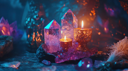 A serene arrangement featuring sparkling crystals and glowing candles, creating a calming and mystical atmosphere perfect for meditation or relaxation.の素材