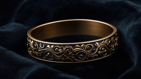 A stunning vintage bangle bracelet featuring intricate floral designs, displayed beautifully against a rich dark velvet background, emphasizing elegance.の素材