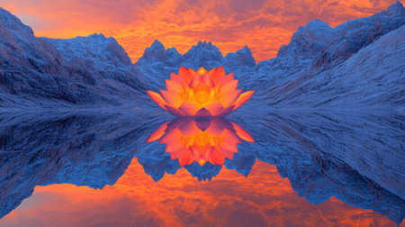 Experience the serene beauty of a vibrant lotus flower reflecting in calm waters, surrounded by majestic snow-capped mountains at sunset.の素材