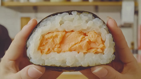 A close-up view of a sushi roll showcasing a vibrant salmon filling held in hands, emphasizing the craftsmanship and freshness typical of modern sushi cuisine.の素材
