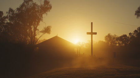 A tranquil sunrise illuminates a rustic church and a large wooden cross, enveloped in soft fog. The serene landscape evokes feelings of peace and spirituality.の素材