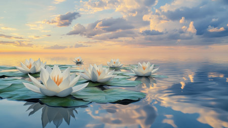 A breathtaking view of white water lilies gracefully floating on a serene lake, capturing the tranquil beauty of nature during a colorful sunset.の素材
