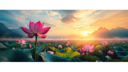 A breathtaking landscape featuring vibrant lotus flowers blooming in a serene pond at sunset. The scene captures the beauty of nature with majestic mountains and vivid skies.の素材