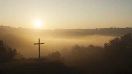 A tranquil scene featuring a cross on a hill during sunrise, surrounded by misty fog and lush trees, evoking feelings of peace and spirituality.の素材