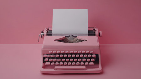 This image showcases a charming vintage pink typewriter positioned on a soft pink background, featuring a blank page ready for creative writing or artistic expression.の素材