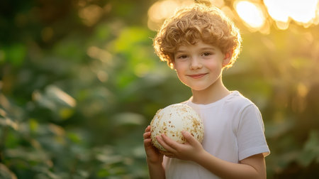 A charming portrait of a young boy joyfully holding a white round object amidst a vibrant green background, illuminated by warm golden sunlight.の素材
