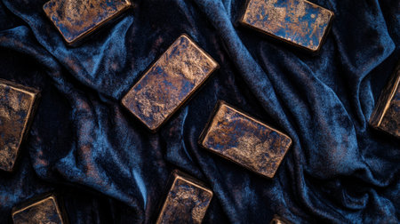 A stunning arrangement of gold bars resting on a rich blue velvet surface, highlighting textures and shapes that evoke a sense of luxury and opulence.の素材