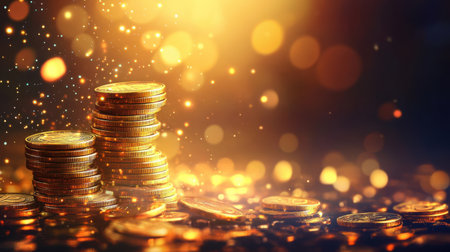 A captivating image featuring stacks of gold coins shimmer in warm light, surrounded by a bokeh background that evokes luxury and prosperity, perfect for finance themes.の素材