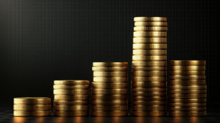 This image depicts a series of stacked golden coins, representing financial growth, investment success, and wealth accumulation against a subtle dark background.の素材