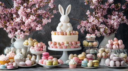 A delightful Easter dessert table showcasing a charming cake adorned with a bunny, surrounded by colorful macarons and beautiful floral arrangements.の素材
