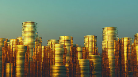 This image features a stunning arrangement of glimmering gold coins towering against a soft blue sky, symbolizing wealth and financial prosperity.の素材