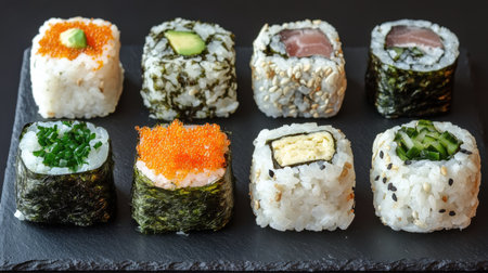 A beautifully arranged assortment of sushi rolls featuring various toppings, showcasing the art of Japanese cuisine on a sleek slate plate.の素材