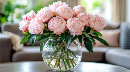 A stunning arrangement of soft pink peonies in a clear glass vase sits on a wooden table, creating a beautiful focal point in a cozy home interior.の素材
