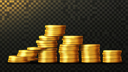 This image showcases a stack of golden coins arranged on a dark background, symbolizing finance, wealth, and investment opportunities. The soft lighting highlights the shiny texture and circular shape of the coins, making it ideal for financial-themed projects.の素材