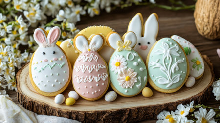 Delightful assortment of colorful Easter cookies featuring intricate floral and bunny designs, perfect for festive celebrations in spring.の素材