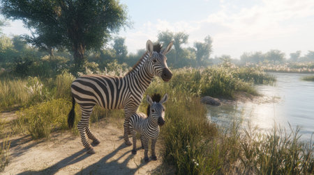 A striking scene featuring a mother zebra and her young offspring standing gracefully near a gentle river in a vibrant grassland, surrounded by lush greenery.の素材