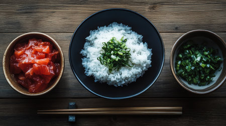 A beautifully arranged meal featuring sushi ingredients. Steamed rice topped with fresh green onions and accompanied by salmon, served in bowls on a rustic wooden table.の素材