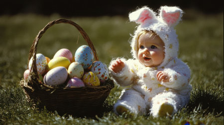 An adorable baby dressed in a fluffy bunny outfit sits joyfully next to a basket filled with colorful Easter eggs on green grass, capturing the essence of springtime.の素材