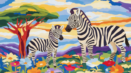 This colorful illustration features a mother and baby zebra in a vibrant landscape filled with flowers and a tree under a bright sky, capturing a joyful moment in nature.の素材