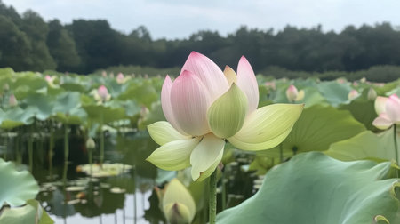 A stunning close-up of a pink and white lotus flower emerging from lush green leaves, set against a tranquil pond backdrop, evoking peace and beauty.の素材