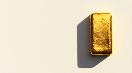 A stunning image of a single gold bar placed on a light background. The shadow creates emphasis on its texture and luxury, symbolizing wealth and investment.の素材