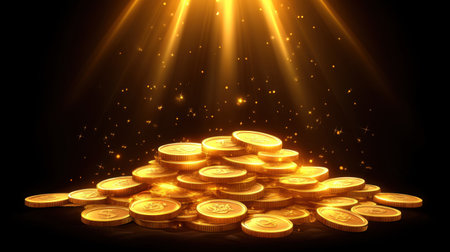 A captivating image of a pile of shimmering gold coins illuminated by radiant rays of light against a dark backdrop, symbolizing wealth and abundance.の素材