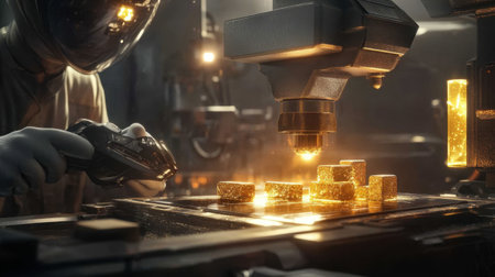 This image showcases a high-tech automation process in gold manufacturing, featuring a robotic hand and precision machinery surrounded by warm, glowing light.の素材