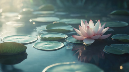 A stunning water lily gracefully blooms atop a serene pond, surrounded by lush green leaves, basking in soft morning sunlight, creating a peaceful atmosphere.の素材