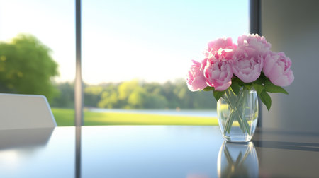 A stunning arrangement of pink peonies in a clear vase sits on a modern table, illuminated by natural light from large windows, creating a serene atmosphere.の素材