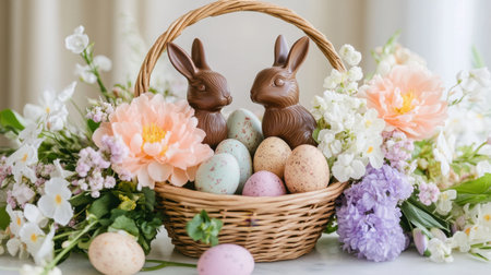 A charming Easter basket filled with colorful eggs and decorative chocolate bunnies, surrounded by a beautiful arrangement of fresh flowers, perfect for spring festivities.の素材
