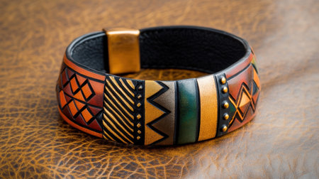 This vibrant ethnic bracelet showcases intricate geometric patterns with a rich color palette, set against an elegant leather background. Perfect for unique style.の素材