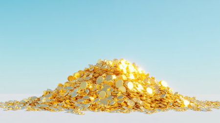 A stunning pile of shiny gold coins accumulates in a bright setting, reflecting sunlight against a clear blue sky, symbolizing wealth and prosperity.の素材