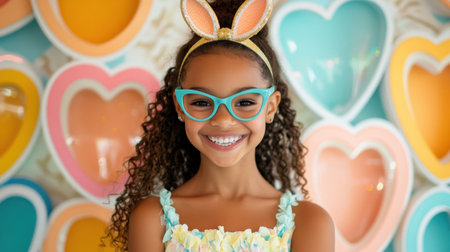 A cheerful young girl poses with a bright smile, wearing fun bunny ears and stylish glasses, against a vibrant background of heart-shaped decorations.の素材
