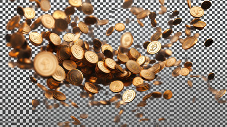 A vibrant 3D render showcases an explosion of golden coins against a transparent backdrop, symbolizing wealth and financial success. Perfect for financial concepts.の素材
