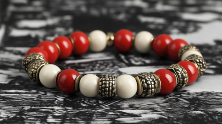 This captivating image showcases a beautifully crafted red and white beaded bracelet with intricate metal accents, set against a dramatic black and white backdrop.の素材