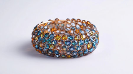 This stunning cuff bracelet features a dazzling array of colorful gems and sparkling crystals, showcasing a unique design perfect for any occasion.の素材