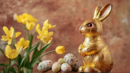 A charming golden chocolate bunny sits next to colorful Easter eggs and bright yellow tulips, embodying the spirit of spring festivities.の素材