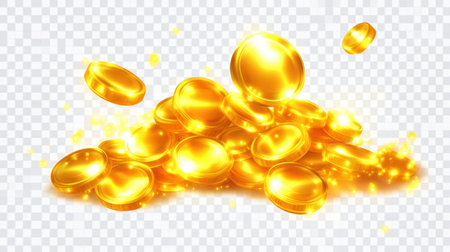 A stunning image of bright and shiny gold coins piled high, radiating sparkles and glows perfect for themes of wealth, prosperity, and abundance.の素材