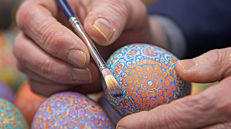 A close-up view of a skilled artist handpainting a vibrant decorative egg using a fine brush, showcasing intricate designs and bright colors for the holiday.の素材
