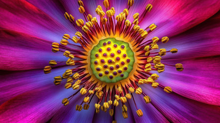 This stunning close-up showcases the vibrant colors of a flower, highlighting intricate petal details and yellow pollen. Perfect for nature enthusiasts.の素材