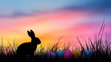 A charming silhouette of a bunny sits among vibrant pastel eggs in grass against a stunning sunset, evoking the spirit of Easter and springtime.の素材