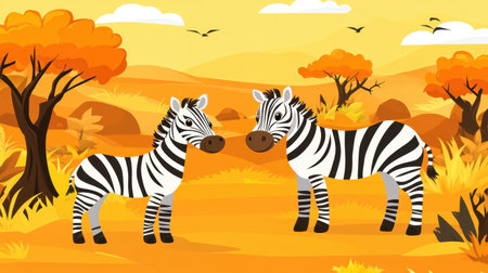 This vibrant illustration features two zebras in a colorful savannah landscape, showcasing their unique stripes amidst a bright orange and yellow background.の素材