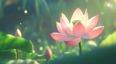 A stunning close-up of a pink lotus flower in full bloom, surrounded by lush green leaves and a dreamy, soft-focused background that evokes tranquility.の素材