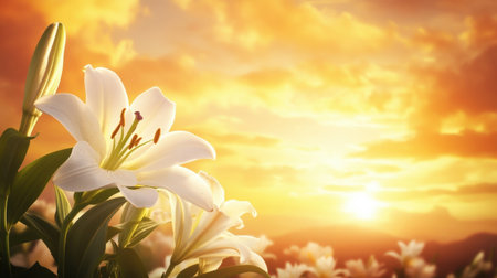 Stunning white lilies in full bloom create a serene ambiance against a vibrant golden sunset, showcasing the beauty of nature and tranquility.の素材