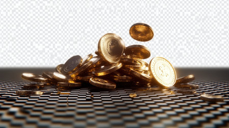 A captivating image of a pile of glimmering coins with dynamic falling action on a textured surface, perfect for finance-themed projects or illustrations.の素材