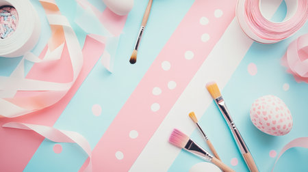 A charming collection of art supplies arranged on a pastel background, featuring brushes, ribbons, and decorative eggs. Perfect for creative inspiration.の素材