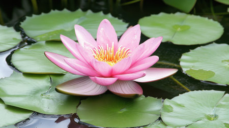 A stunning pink lotus flower emerges gracefully from serene water, surrounded by lush green lily pads, creating a tranquil, peaceful scene in nature.の素材