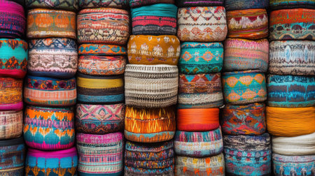 A stunning display of colorful textiles and fabrics stacked in rows, showcasing intricate patterns and designs that inspire creativity in art and decoration.の素材